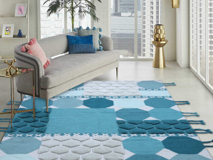 Duck Egg And Teal Color, Stylish, Geometric Pattern, Hand-Tufted, Wool Rug