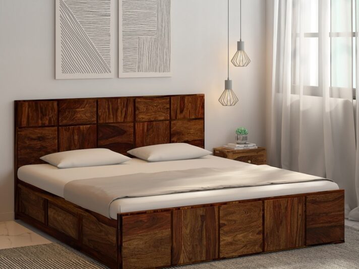 Bergen Solid Wood King Size Bed With Box Storage In Provincial Teak Finish