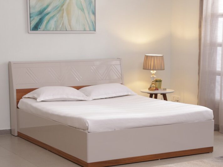 Catalina Queen Size Bed with Storage in Natural Teak Wood Finish