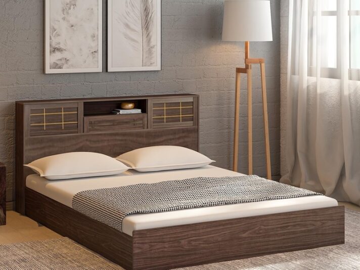 Hideki Goldline King Size Bed With Box Storage In Walnut Finish