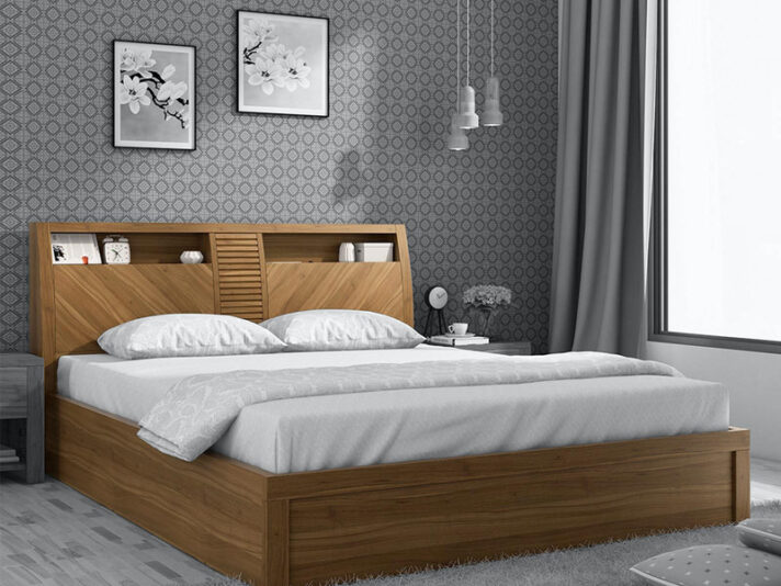 Kosmo Monarch Queen Size Bed with Storage in Natural Teak Finish