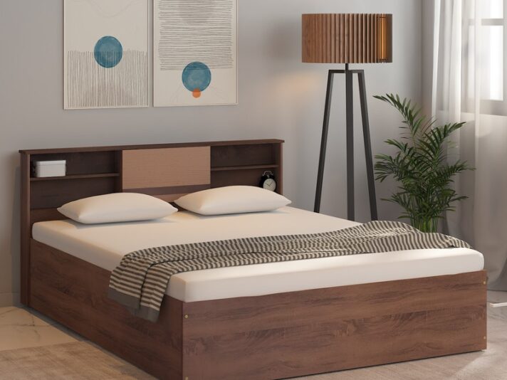 Sango King Size Bed With Box Storage In Walnut Finish