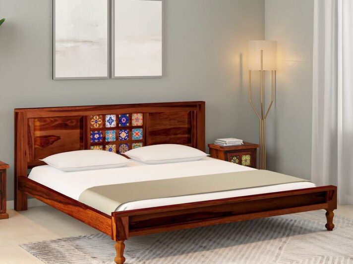Siramika Solid Wood King Size Bed In Honey Oak Finish