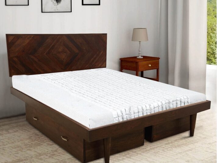 Square Diamond King Size Bed With Drawer Storage In Walnut Finish