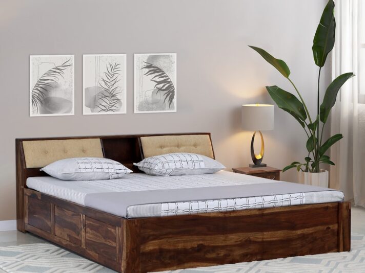 Ursula Solid Wood King Size Bed with Headboard & Box Storage in Rustic Teak Finish