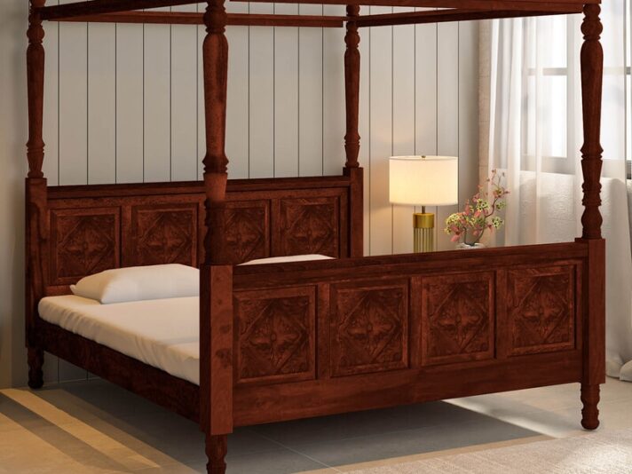 Vayaka Solid Wood King Size Poster Bed In Honey Oak Finish