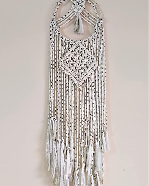 Kasba Cotton Wall Hanging for livingroom Decoration | Bohemian Geometric Theme | Cotton Dream Catcher | Bohemian Wall Decor | Handmade (3 feet, White with Green Lines)