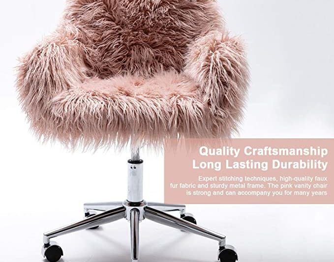 DKLGG Faux Fur Desk Chair, Cute Fluffy Upholstered Padded Seat, Vanity Accent Modern Height Adjustable Swivel Arm Decorative Furniture for Living Room/Makeup/Home Office/Teen Girls Bedroom, Pink