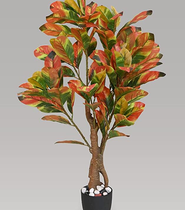 Blooming Floret Artificial Croton Tree | with Basic Black Pot | Ornamental Plant for Interior Decor/Home Decor/Office Decor | Indoor Tropical Plant | Durable